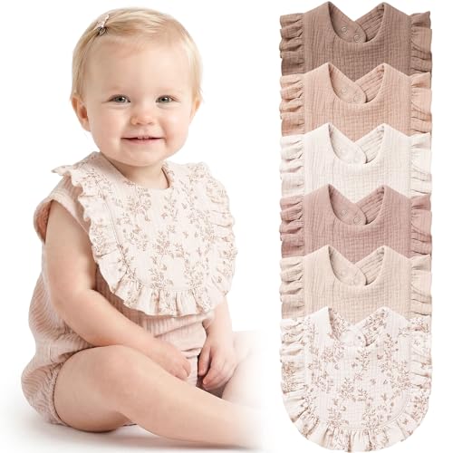 Image of Konssy 6-Pack Muslin Baby Girl Bibs, 100% Soft Cotton Absorbent Drool Bibs