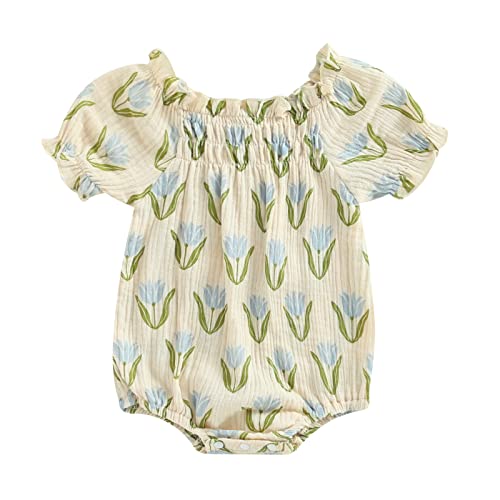 Image of SAYOO Infant Baby Girl Linen Romper Smocked Bubble Bodysuit Frill Trim Ruffle One-Piece Jumpsuit Casual Cute Summer Clothes