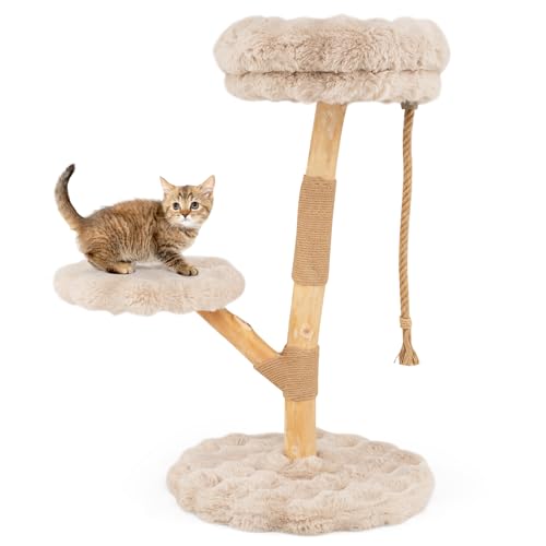 COSTWAY 90 cm Kratzbaum Holz, Katzenbaum mit 3 Plüschsitzflächen, Seil & Kratzpfosten aus Jute, Katzenturm Katzenmöbel Massivholz, Katzenkratzbaum Kletterbaum Katzen (Beige)