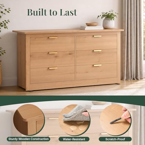 Image of 59 inch Wide Wood TV Stand with 6 Drawers & Metal Handles, Modern Media Console Storage Cabinet for Living Room, Bedroom, Entryway & Home Office, Wood