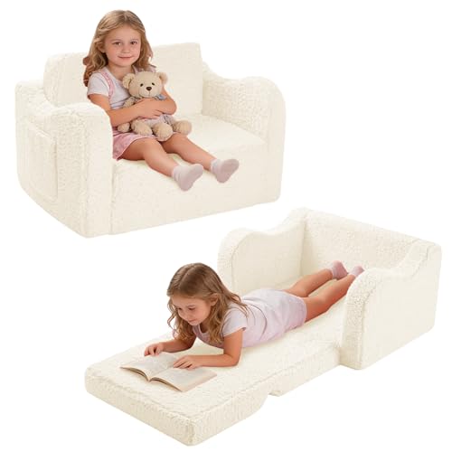 BOFITENG Sofá infantil 2 en 1, sillón de relax para niños, minisofá para rincones acogedores, convertible en una cuna o en una tumbona, sofá infantil plegable con funda extraíble (beige)