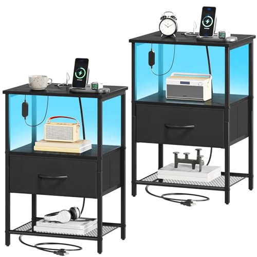 Somdot Black Nightstand Set of 2 with Charging Station and