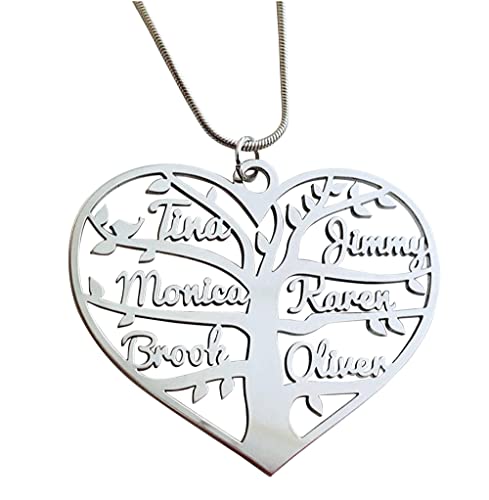 Collier pour Femme en Argent, Personnalisé Nom, Arbre Généalogique, Pendentif Arbre de Vie, Personnalisable forme cœur les prénoms, Fête des Mères Saint Valentin, Bijoux en Acier inoxydable, Chaîne