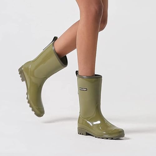 Planone Mid Calf Rain Boots For Women Waterproof Size 6 Olive Green Garden Shoes Anti-Slipping Rainboots For Ladies Comfortable Insoles Stylish Light Rain Shoes Outdoor Work Shoes #TOP2