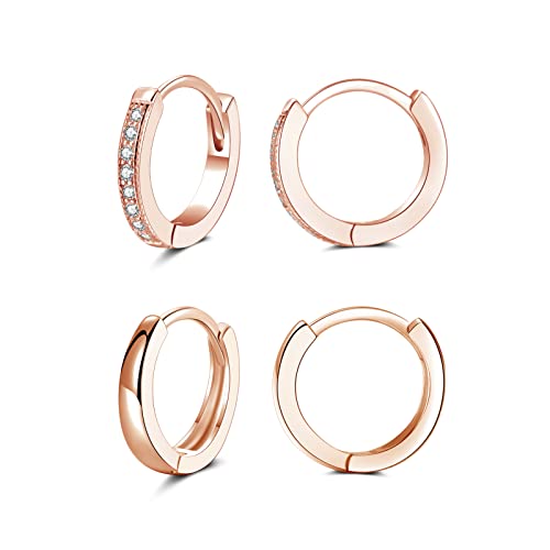 SNORSO 2 Paires Créoles Argent Femme Plaqué Or Rose, Boucles d'oreilles Femme en Argent Fin 925, Créoles Ronde Petites Hypoallergénique Avec Zircone Cubique, Diametre 13mm+13mm Cover