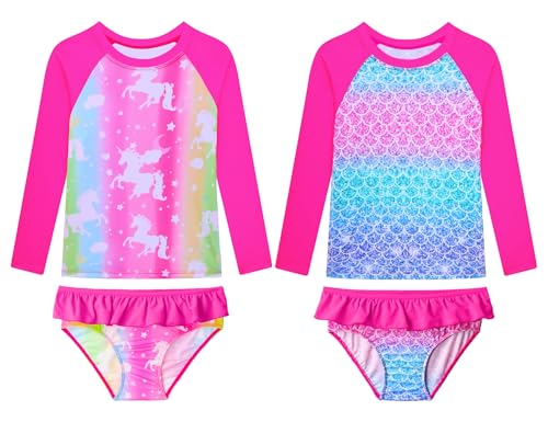 Bundle of Girls Rash Guard Swimsuit Long Sleeve Tankini Sets Two Pieces Bathing Suit Swimwear UPF 50+ Sun Protection