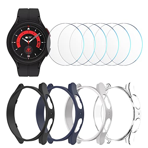 [4+6 Pack] BHARVEST for Samsung Galaxy Watch 5 Pro 45mm Screen Protector and Case, 4 Packs Hard PC Frame Cover with 6 Sets Tempered Glass Protective Film for Galaxy Watch 5 Pro 45mm