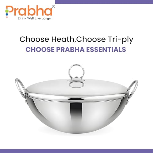 Image of Prabha Capsule Round Bottom Kadhai 2.4 L -28 CM | Tri-Ply Layer Steel kadhai with Lid | Compatible with Gas Stove | Cookware kadai for Cooking | Kadhai for Deep Frying | kadai Induction Base /Stove