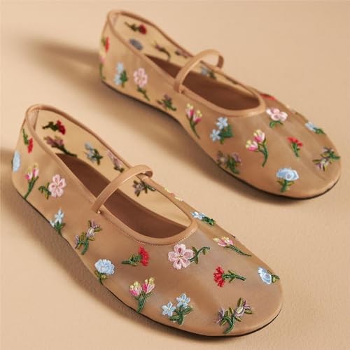 Women's Mesh Ballet Flats Embroidered Floral Mary Jane Flats Casual Comfortable Round Toe Ballerina Shoes2
