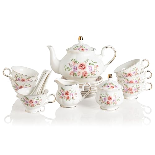 Sweejar Porcelain Tea Set Vintage Floral, British Relief Gold Rim