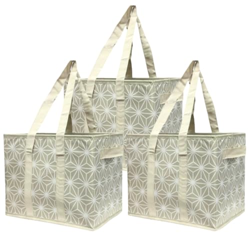 DURASACK Grocery Tote Bag All-Purpose Collapsible Totes, Gray Geo, 3 Pack