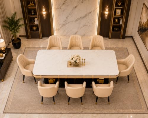 Image of 8-Seater Dining Table with Nano Composite Marble Top and PVC Golden Wooden Base |2yr Warranty - Includes 8 Fabric Upholstered Chairs