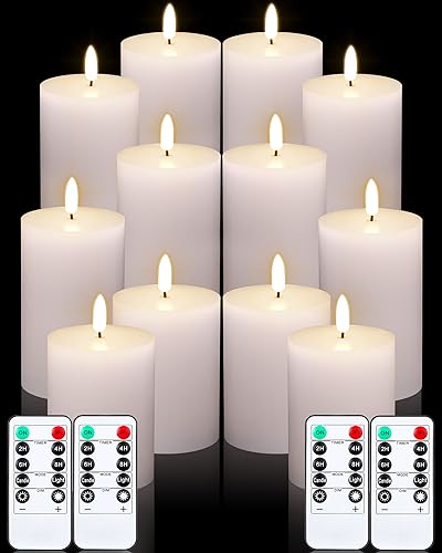 VIHOSE 12 Pack White Flameless Candles Set with Remote and Timer Flickering Flameless Battery Candles Flat Top LED Pillar for Wedding Outdoor Home Festival Decoration(D 3'' H 4'' 5'' 6'')