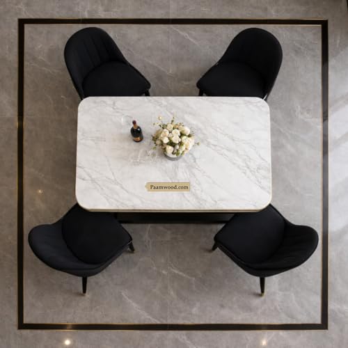 Image of Ring Dining Table Set 4 Seater Marble Finish Dining Table Set with Gold Metal Base & Cushioned Chairs - 2yr Warranty - Modern Dining Table for Home & Kitchen (54 x 36 x 30 Inch) (Black)