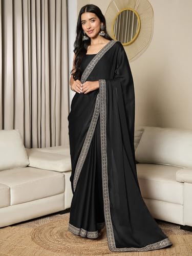 Image of AKHILAM Women's Satin Solid Ready To Wear one Minute Saree with Unstitched Blouse Piece