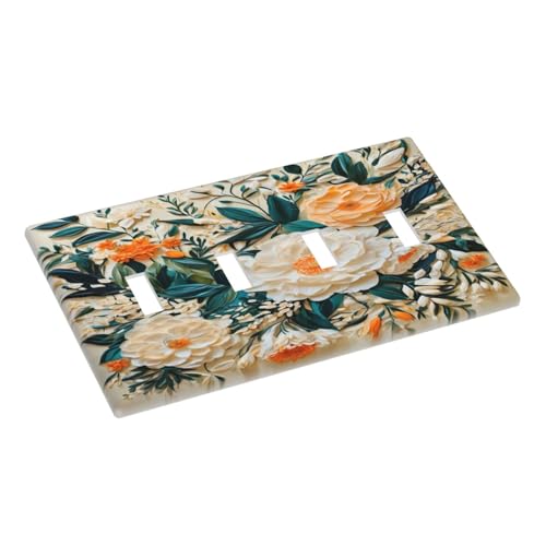Decorative Switch Covers Plate Rustic Big Flowers Abstract Floral 4 Gang Wall Plate Oversized Quad Toggle Light Switch Plate Jumbo Faceplate for Country Bedroom Home Decor