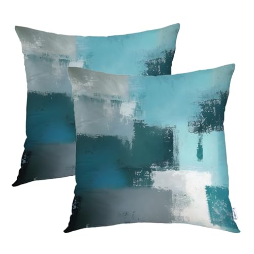 Batmerry Abstract Blocks Throw Pillow Covers, Blue and Gray Brush Strokes Decorative Pillow Covers Digital Printing Blended for Couch Sofa Bed Invisible Zipper 24X24 in(Set of 2)