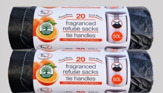 40 bolsas de basura negras extra fuertes con aroma a flor de naranja, 50 L, ideales para cargas pesadas, almacenamiento de basura con asas de amarre, paquete de 20 bolsas de basura en total 40 sacos