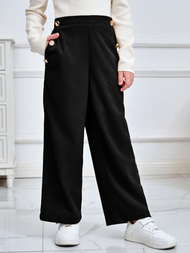 Image of Haloumoning Girls Wide Leg Corduroy Pants Kids Elastic Waist Gold Button Trousers with Pockets 5-14 Years