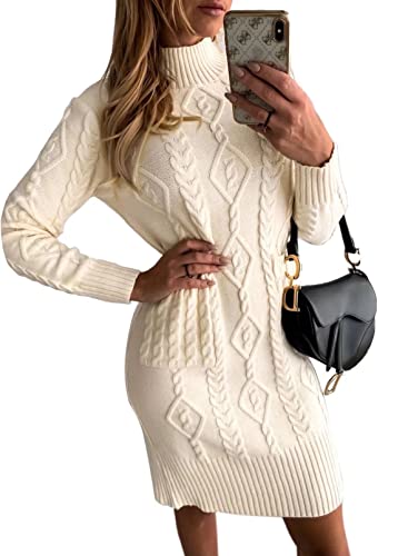 Elegancity Beige Strickkleid Damen Pullover Lang Winterkleid Rollkragen Pulloverkleid Langarm Knielang XL Cover