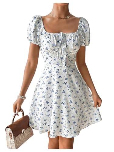 GORGLITTER Women's Floral Square Neck Tie Front Short Dress Puff ...