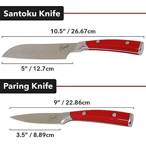 Emeril 3-Piece Knife Set & Sharpener - Sharp Pairing & Santoku Chef's Cutting Knives with Stainless Steel Blade for Cooking & Kitchen, by Chef Emeril Lagasse (Red)