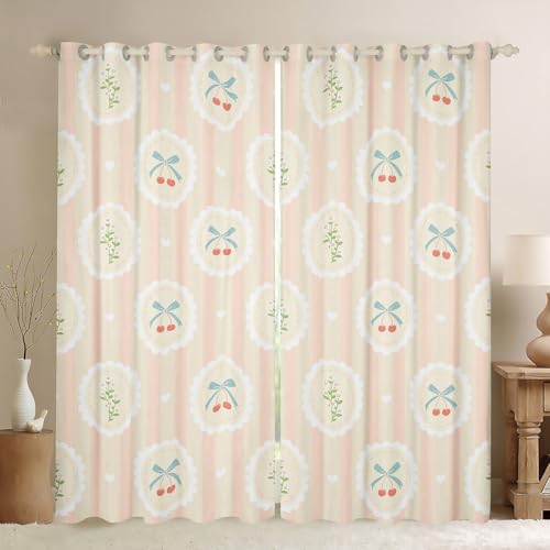 Cortinas opacas de dibujos animados para niños, 30%-50%, con estampado floral de cereza, bonitos lazos y corazones, cortinas de rayas geométricas, 46 x 54 pulgadas