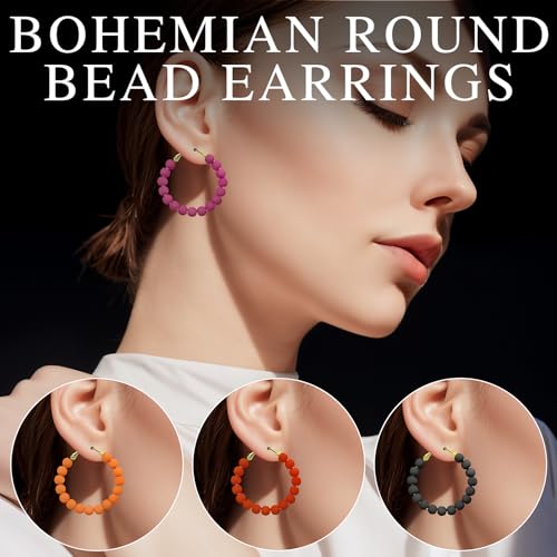 Beaded Hoop Earrings for Women Bohemian Circle Round Bead Earrings Colorful Vintage Acrylic Beads Dangle Earrings4