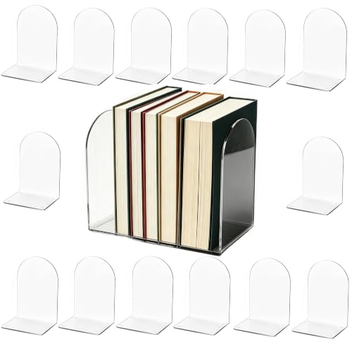 Image of Acrylic Book Ends 16 Pcs, Clear Bookends, Bookend Organizer for Shelves | Transparent Book Stoppers, Decorative Book Holder Stand for Heavy Books, CD, ,Book Shelves, File, Video Games