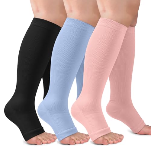 Image of CTHH Toeless Compression Socks for Women & Men Open Toe Knee High Stocking | 3 Pack 20-30 mmHg Graduated Compression Socks Best Support for Circulation Flying Running Daily Wear Cooling