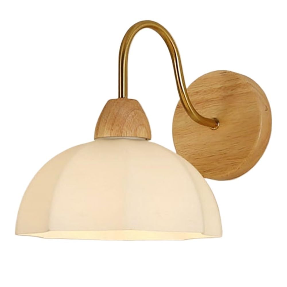 ITOSUI Retro Mid Century Modern Wall Sconce Rubberwood Glass Shade Wall Lamp 7.9-Inch Scalloped Globe Sconce for Bedroom Bedside Hallway Living Room Gold Iron Arm E26 Base