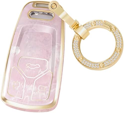 SWEETBOND Key Fob Cover for Audi A4 S4 RS4 A5 F5 S5 RS5 A6 A7 A8 S8 Q2 Q5 SQ5 Q7 SQ7 TT TTS TTRS R8, Fashion Key Shell with Diamond Gold Keychain (Pink)