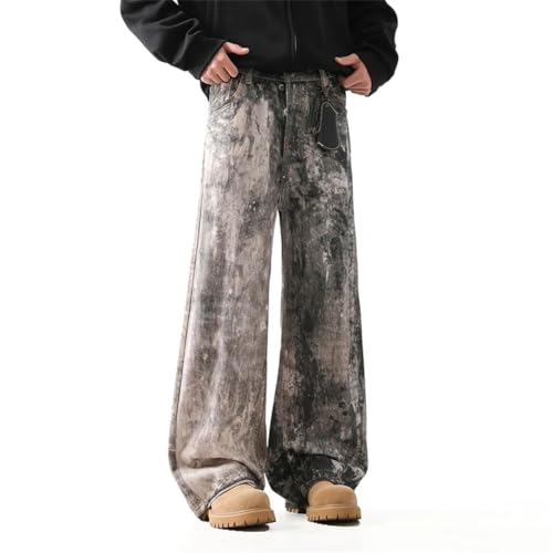 Men's Vintage Graffiti Casual Jeans Contrast Color Korea Wide Leg Trousers Loose Streetwear3