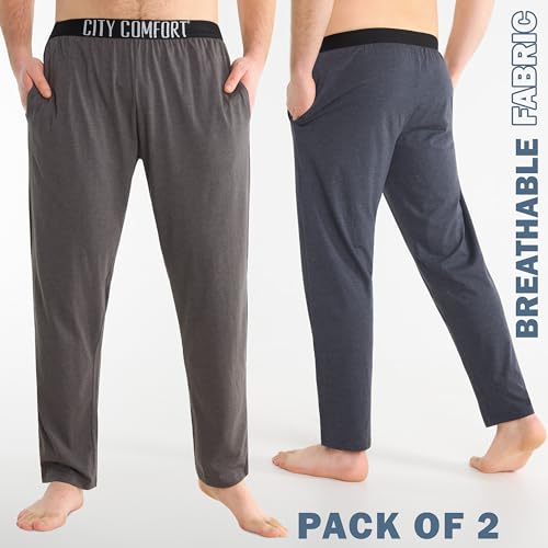 CityComfort Mens Pyjama Bottoms - Jersey Lounge Pants with Pockets, Pack of 2