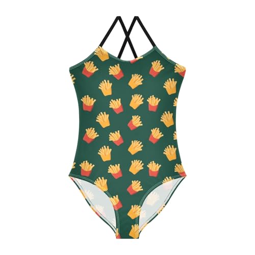 Girls Swimsuits One-Piece Swimwear Tie Bathing Suit Beach Summer Round Neck 5-6T French Fries Pattern