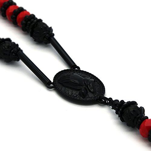 Mens Hip Hop 8mm Black w/Red Tone 32" Glass Beaded Chain Rosary Prayer Hand & Jesus Cross Necklace4