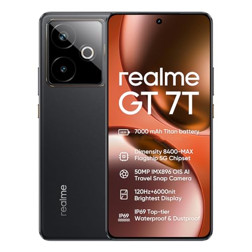 realme GT 7T 5G Smartphone,Batería 7000mAh,Dimensity 8400-MAX,Cámara 50 MP+32 MP,120Hz 6.78' Pantalla,12GB+256GB Telefono Movil,Dual SIM Android 15,NFC IP69, Sin Cargador,Negro