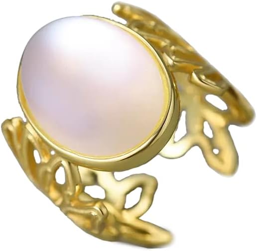 Designer Hollow Flower Natural Moonstone Ring in Yellow Gold Plated Sterling Silver. Adjustable Ring Size. Women Handmade Jewelry - PremiumPearl