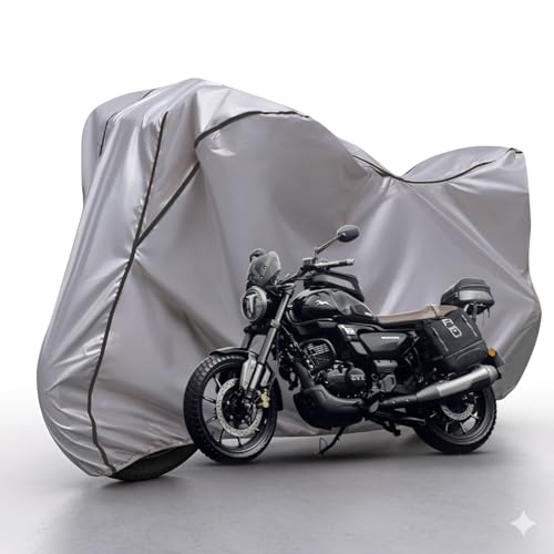 Image of Waterproof Bike Body Cover Compatible with Tvs Rohin Dustproof Scratchproof - Motorcycle Cover for Two Wheeler, Outdoor Full Cover with UV, Duty, Rain Protection (Silver & Black)