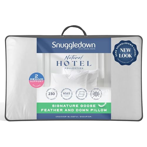 Snuggledown Luxury Goose Feather & Down Pillows 2 Pack - Ethically Sourced 85:15 Blend, Medium Support Bed Pillow for Back Sleepers | UK-Made, Cotton Cover, Washable (48 x 74cm)