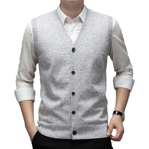 Lista de Prendas de punto Top 10. 37 Suéter de Mezcla de Lana con Botones, Chaleco sin Mangas, cárdigan para Hombre, Cuello en V, Prenda Punto Informal para Oficina, suéter cálido, Gris Claro Mediano