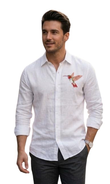 Image of MR. FASHION Men's Premium White Linen Shirt with Embroidered Bird Design | Full Sleeve Lightweight Stylish Shirt for Men.