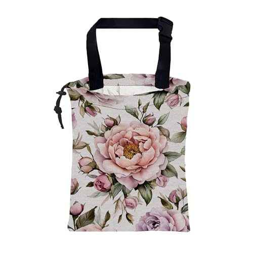 Car Trash Bag Pink Peonies and Green Leaves Leak-Proof Car Garbage Bag with Drawstring Foldable Canvas Trash Bin with Adjustable Buckle for Car Accessories