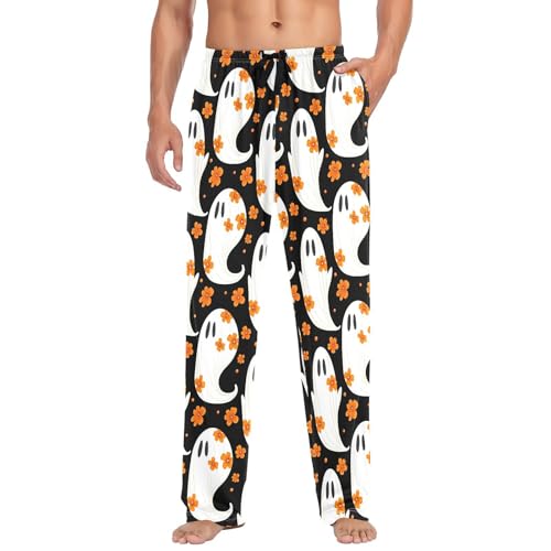 White Spirits with Flower Men's Cotton Pajama Pants with Pockets and Drawstring Comfortable and Stylish,S