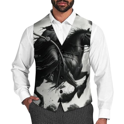 Grim Reaper Riding A Horse Men's Suit Vest Slim Fit V-Ncek Waistcoat Business Casual Vest