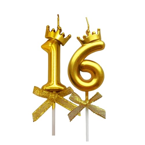Image of 2 Pc 16 Number Candle for Birthday Cake Metallic Gold Number Candle with Crown on Top for Anniversary Cake Topper 16th Birthday Cake Decoration (Pack of 2, Gold).