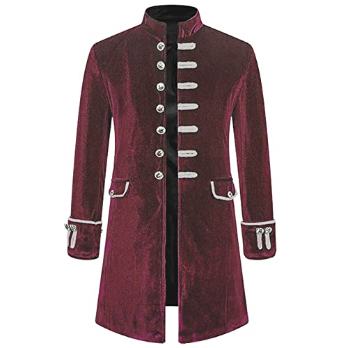 Vêtements médiévaux pour hommes, vêtements gothiques pour hommes, hommes solides à manches longues steampunk vintage velours uniforme col montant cardigan veste cosplay costume, rouge, L Cover