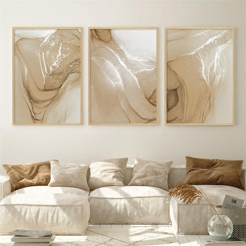 Juego de 3 Mármol Dorado Beige Arte Abstracto de la Pared Carteles Pintura en Lienzo Impresiones Imágenes Sala de Estar Moderna Interior Oficina Decoración Hogar 60*90Cm (24*35 Pulgadas) Sin Marco