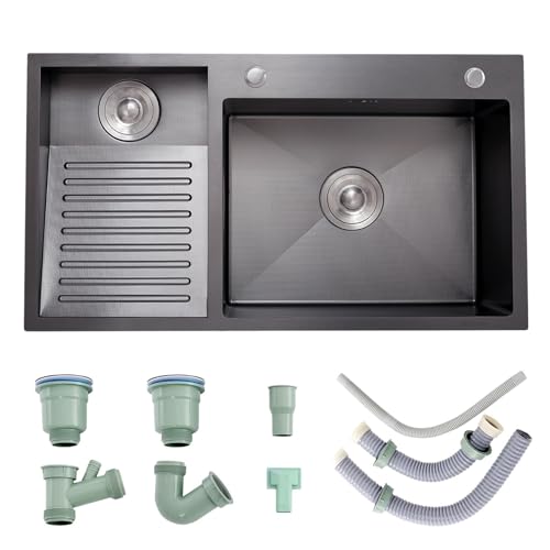 Lavandino Per Lavanderia In Acciaio Inox 304, Con Asse Di Lavaggio Integrata, Lavello Di Servizio Per Seminterrato, Ciotola Per Lavanderia, Con Kit Di Scarico, Vasca Per Lavaggio(Black,80cm-A)