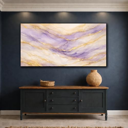 Toile abstraite marbre violet or 50x25cm décoration murale luxe châssis 3cm - 4